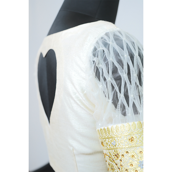 "Graceful Ivory Stonework Blouse with Heart-Cut Back"