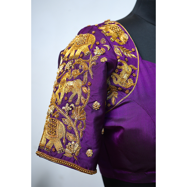 "Royal Heritage Hand-Embroidered Blouse with Golden Motifs"