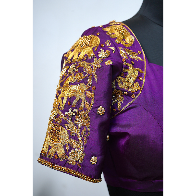 "Royal Heritage Hand-Embroidered Blouse with Golden Motifs"