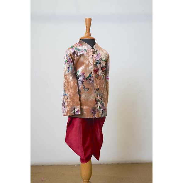 Regal Velvet Beige & Mustard Draped Family Ethnic Wear Set