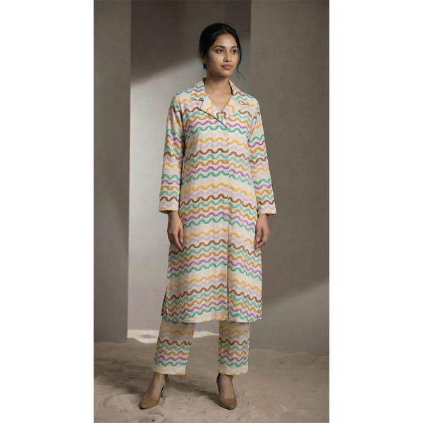 Pastel Wave Print Kurta Set – Modern Comfort Edition