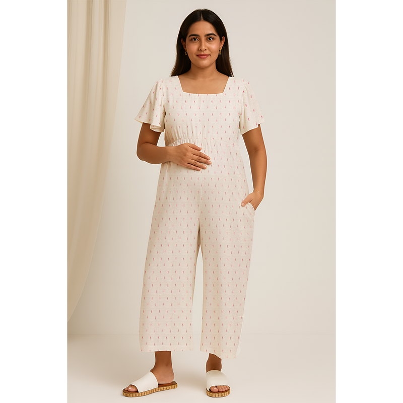 Cream Ikat Soft Cotton Customised Maternity Wear.