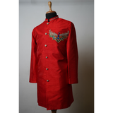 Red sherwani with peacock embroidery for men – Indian festive and wedding wear