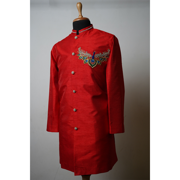 Red sherwani with peacock embroidery for men – Indian festive and wedding wear