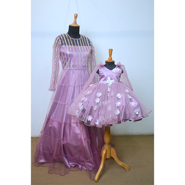 Lavender Mom & Daughter Matching Gown Set | Elegant Sequin and Floral Dress