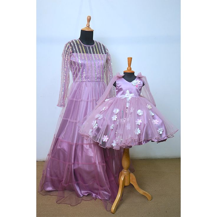 Lavender Mom & Daughter Matching Gown Set | Elegant Sequin and Floral Dress