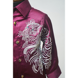 Boys Premium Party Wear Satin Shirt & Pant Set – Embroidered Maroon Shirt with White Trousers .