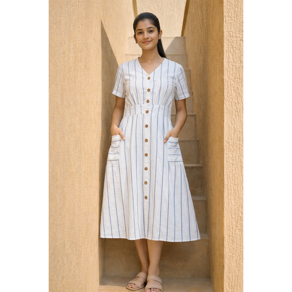 Serene Blue Stripe Dress – Button-Front Comfort Edition