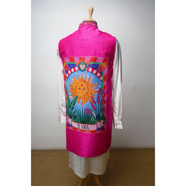 Men’s White Kurta–Dhoti Set with Hand-Embroidered Pink Nehru Jacket