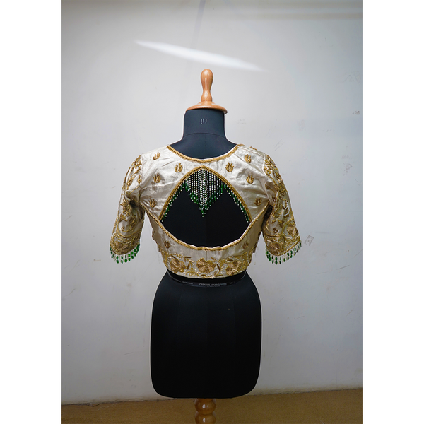 Premium Ivory & Gold Embroidered Designer Blouse with Bead Back Detailing