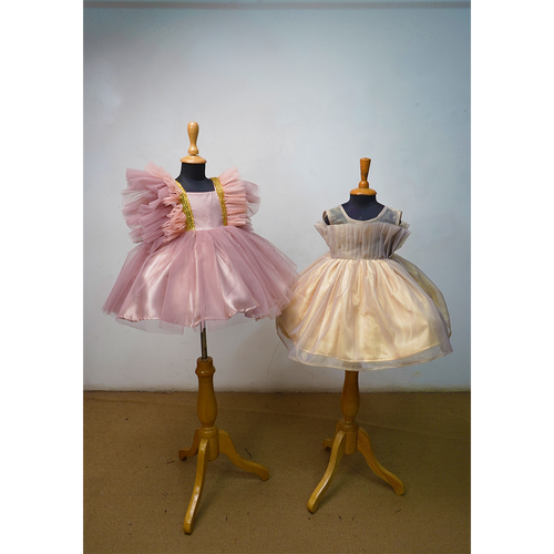 Girls Designer Party Wear Tulle Frock with Ruffle Sleeves & Gold Detailing