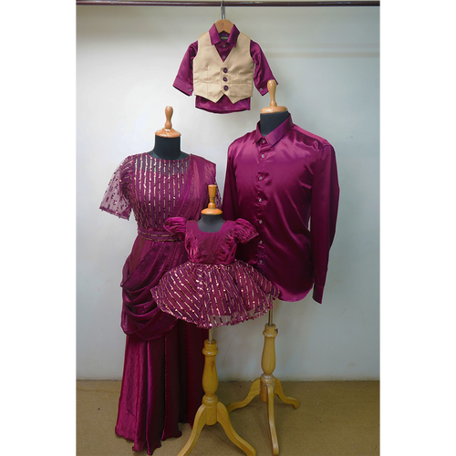 Royal Maroon Family Matching Outfit Set | Men’s Shirt, Women’s Gown & Kids Party Wear