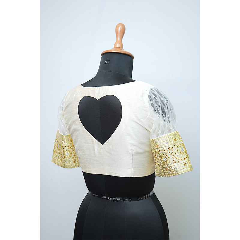 "Graceful Ivory Stonework Blouse with Heart-Cut Back"
