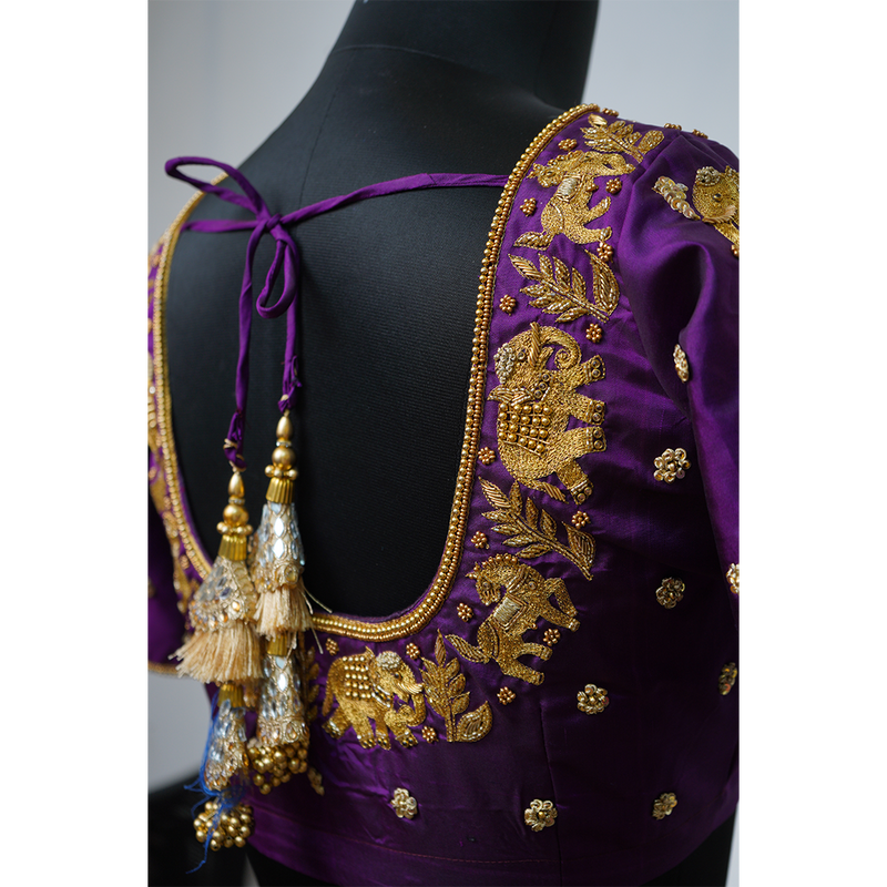 "Royal Heritage Hand-Embroidered Blouse with Golden Motifs"