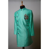 Mint Green Embroidered Indo-Western Kurta with Designer Chest Motif for Men