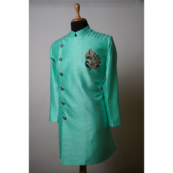 Mint Green Embroidered Indo-Western Kurta with Designer Chest Motif for Men