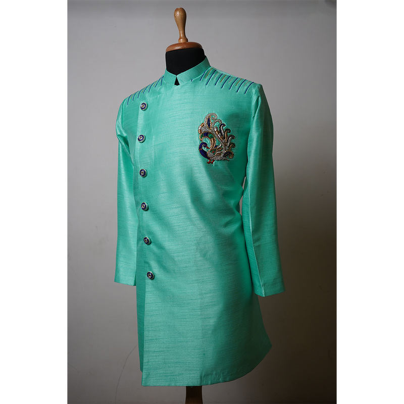 Mint Green Embroidered Indo-Western Kurta with Designer Chest Motif for Men