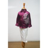 Boys Premium Party Wear Satin Shirt & Pant Set – Embroidered Maroon Shirt with White Trousers .