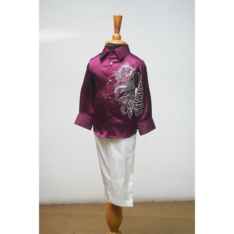 Boys Premium Party Wear Satin Shirt & Pant Set – Embroidered Maroon Shirt with White Trousers .
