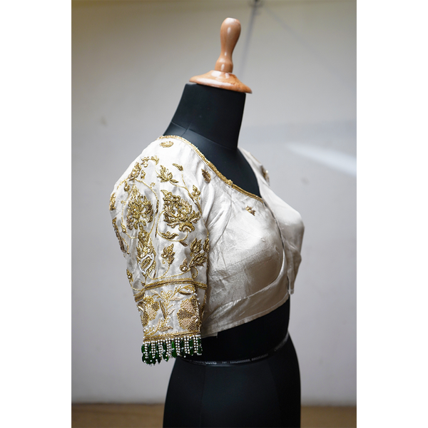 Premium Ivory & Gold Embroidered Designer Blouse with Bead Back Detailing
