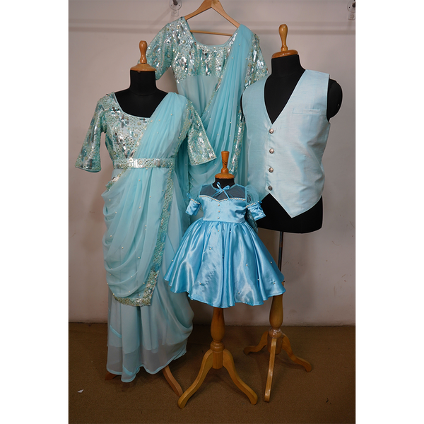 Aqua Blue Sequined Family Matching Ethnic Wear Set  Mother, Daughter & Father Coordinated Outfit