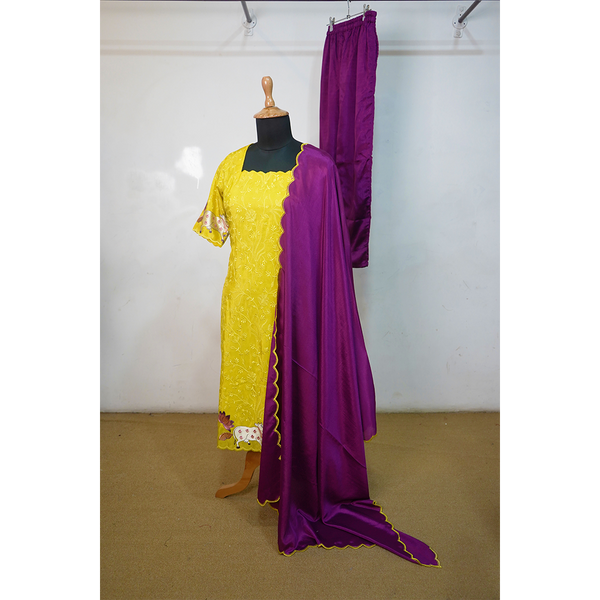 Girls Yellow Embroidered Kurta Set with Purple Dupatta & Pants  Festive Ethnic Wear