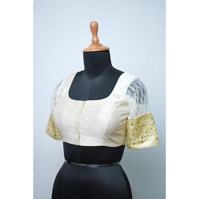 "Graceful Ivory Stonework Blouse with Heart-Cut Back"