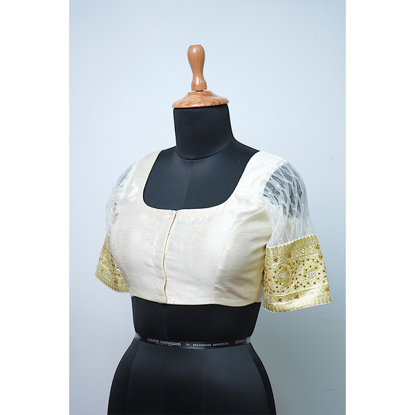 Ivory Silk Blend Ethnic Blouse with Gold Embroidered Sleeves | Designer Saree Blouse for Women