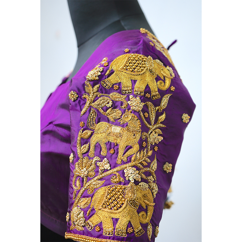 "Royal Heritage Hand-Embroidered Blouse with Golden Motifs"