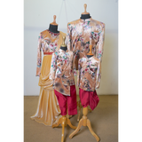 Beige velvet floral family coordinated ethnic wear set with mustard drape and wine dhoti pants