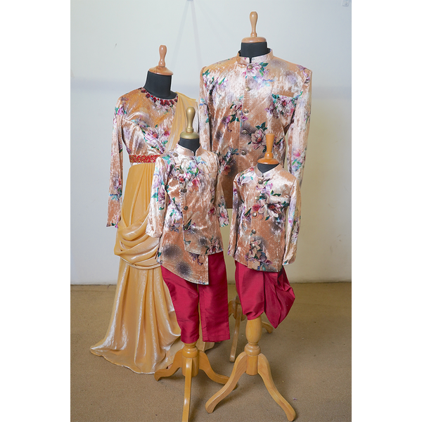 Beige velvet floral family coordinated ethnic wear set with mustard drape and wine dhoti pants