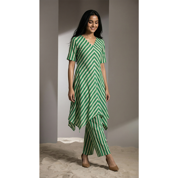 Emerald Stripe A-Line Kurta Set – Modern Ethnic Edition