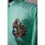 Mint Green Asymmetric Embroidered Indo-Western Kurta for Men