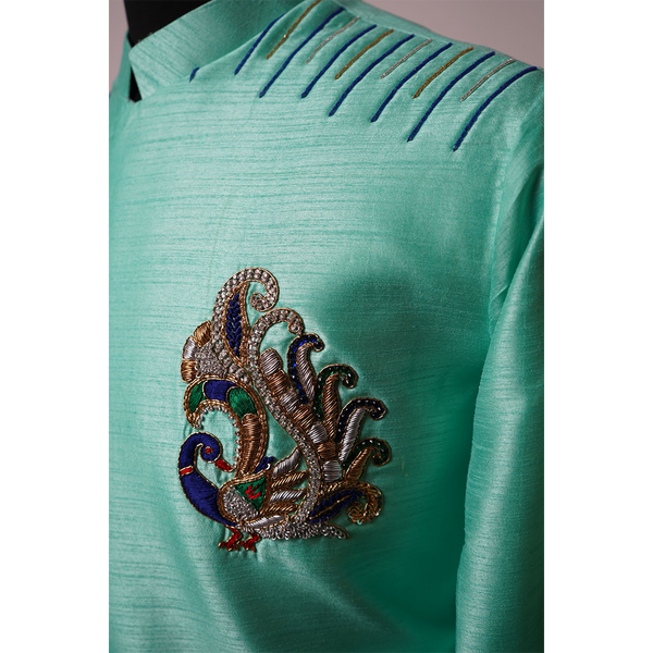 Mint Green Asymmetric Embroidered Indo-Western Kurta for Men