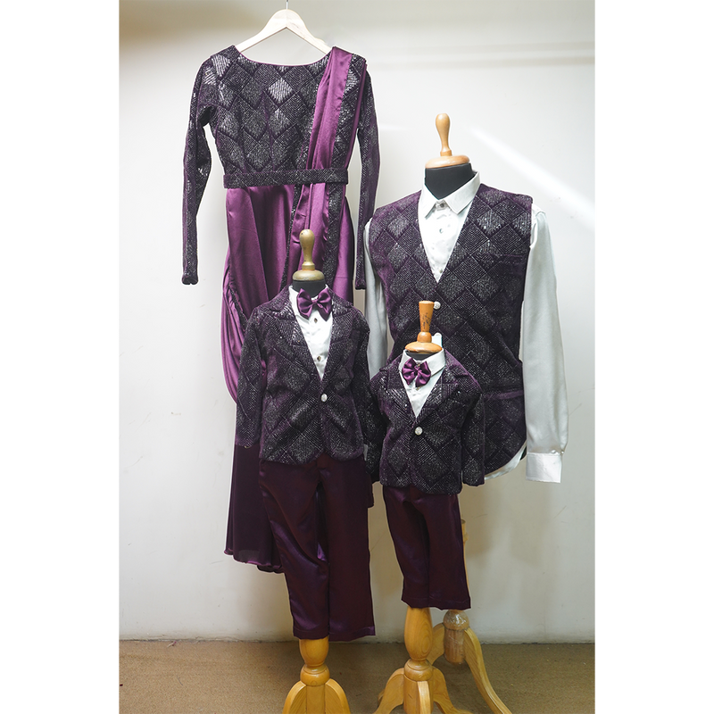 Luxury Purple Family Matching Outfit Set  Wedding, Party & Photoshoot Coordinated Dress for Men, Women & Kids