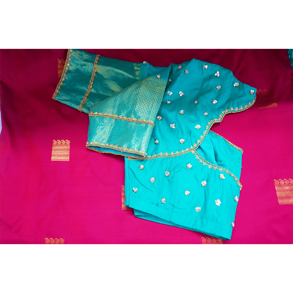 Teal Embroidered Blouse With Magenta Banarasi Saree – Premium Festive & Wedding Wear Set