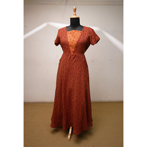 Rust Brown Printed Flared Gown – Elegant Casual & Festive Wear for Women