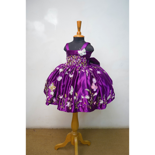 Purple Embroidered Party Wear Frock for Girls | Floral Butterfly Appliqué Designer Dress