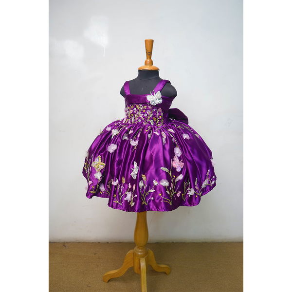Purple Embroidered Party Wear Frock for Girls | Floral Butterfly Appliqué Designer Dress