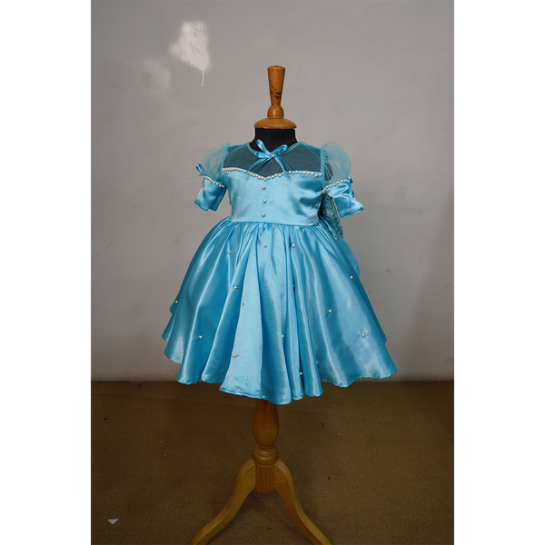 Sky Blue Satin Party Dress for Girls  Pearl Embellished Birthday & Festive Wear