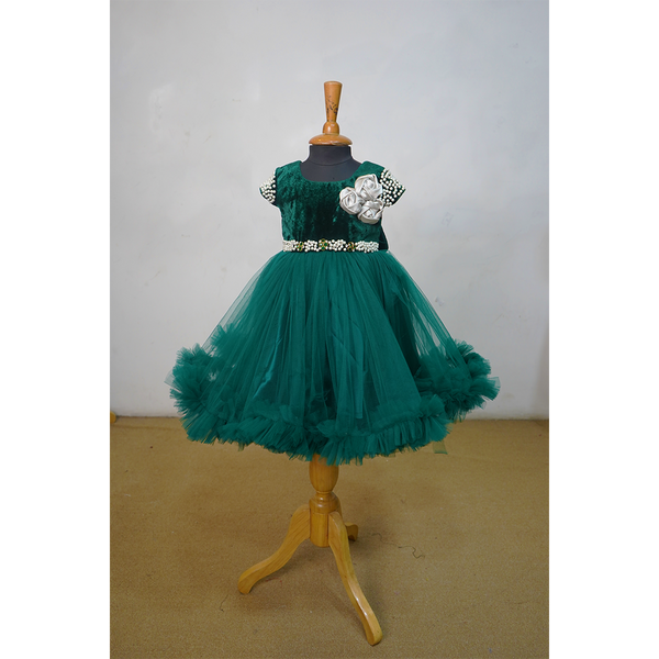 Emerald Green Party Wear Frock for Girls  Velvet Bodice with Layered Tulle Skirt & Pearl Embellishments