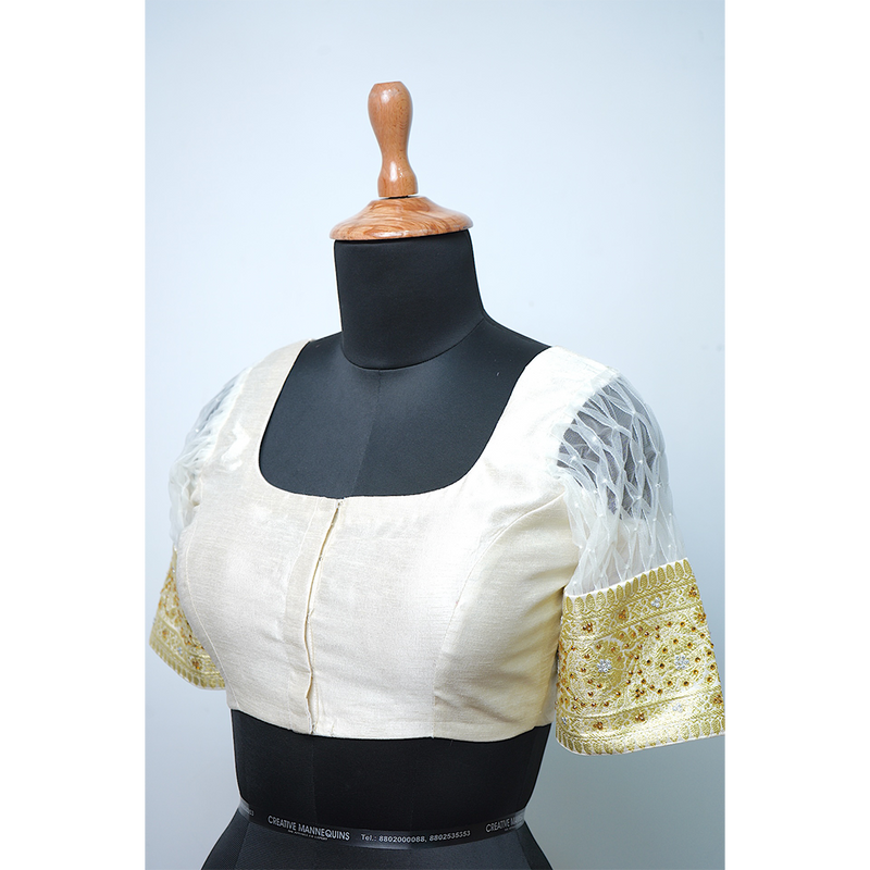 "Graceful Ivory Stonework Blouse with Heart-Cut Back"