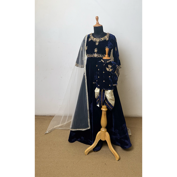 Royal navy blue and gold velvet mom and son coordinated ethnic outfit set