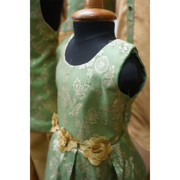 Family Matching Ethnic Wear Set  Green & Gold Brocade Designer Outfits for Men, Women, Boys & Girls