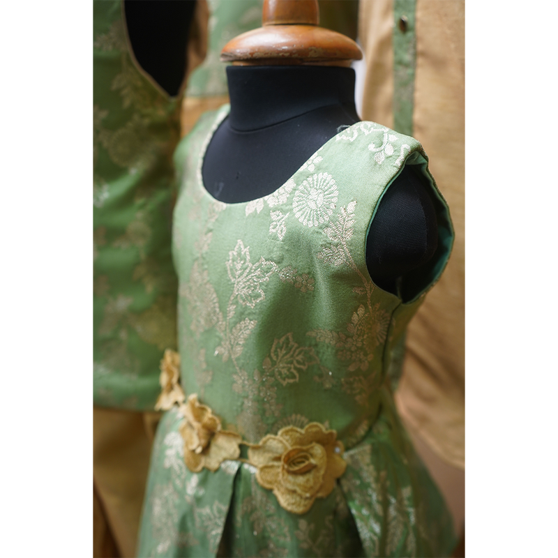 Family Matching Ethnic Wear Set  Green & Gold Brocade Designer Outfits for Men, Women, Boys & Girls