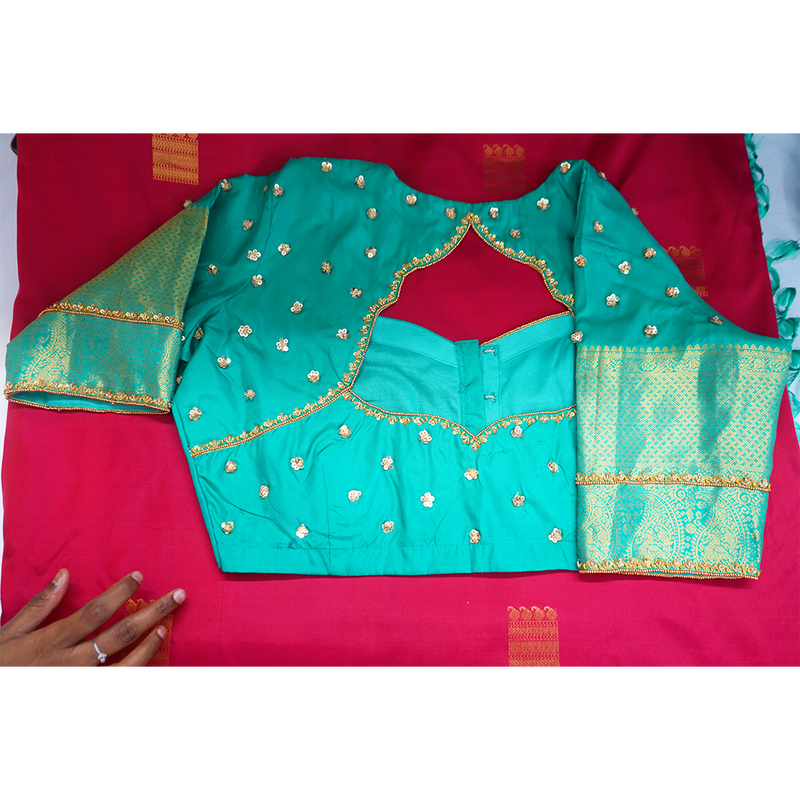 Teal Embroidered Blouse With Magenta Banarasi Saree – Premium Festive & Wedding Wear Set