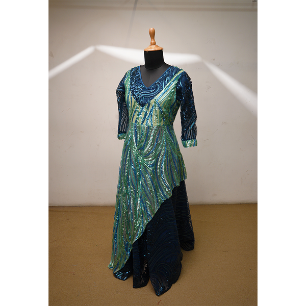 Blue & Green Sequin Embroidered Party Gown for Women – Asymmetric Designer Evening Dress