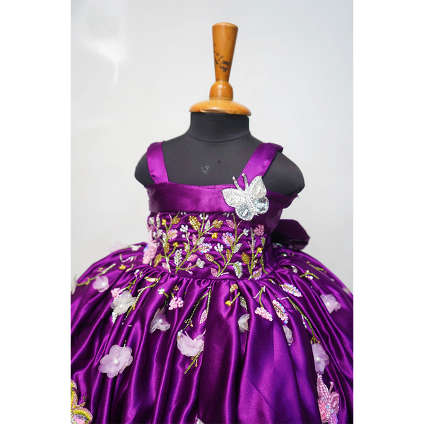 Purple Embroidered Party Wear Frock for Girls | Floral Butterfly Appliqué Designer Dress