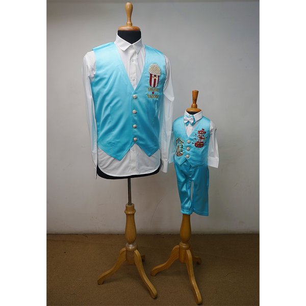 Aqua Blue Father & Son Matching Waistcoat Set  Festive Party Wear with Embroidery