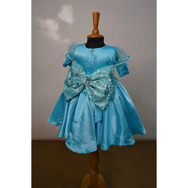 Sky Blue Satin Party Dress for Girls  Pearl Embellished Birthday & Festive Wear
